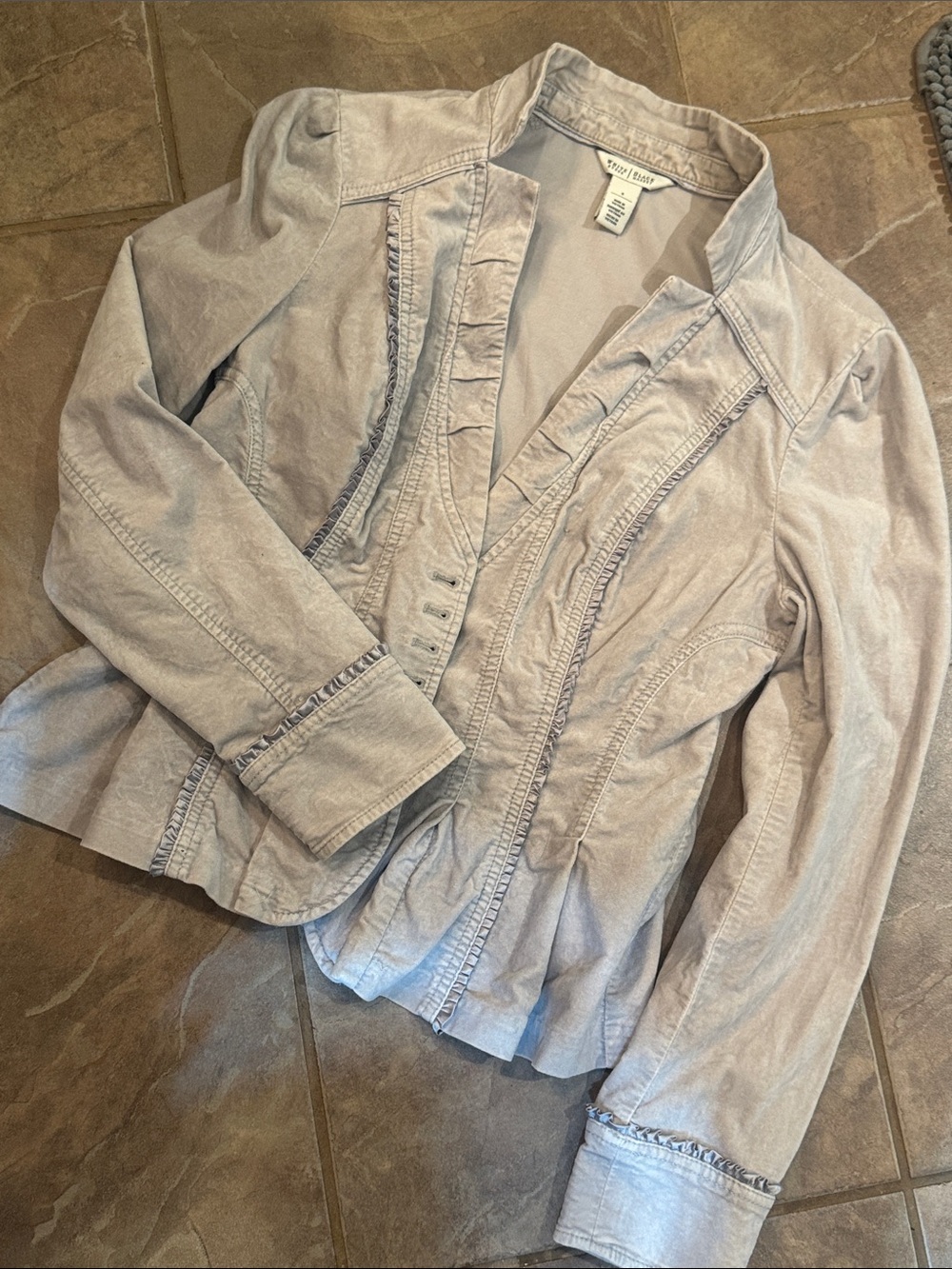 White House Black Market Light Gray Ruffle-Trim Velvet Jacket